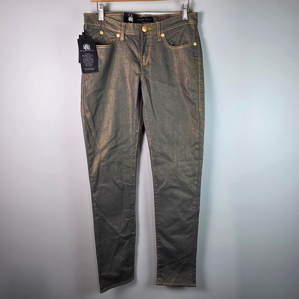 Rock & Republic Berlin Skinny Jeans Women 6M Gold Metallic NEW Shimmer Denim